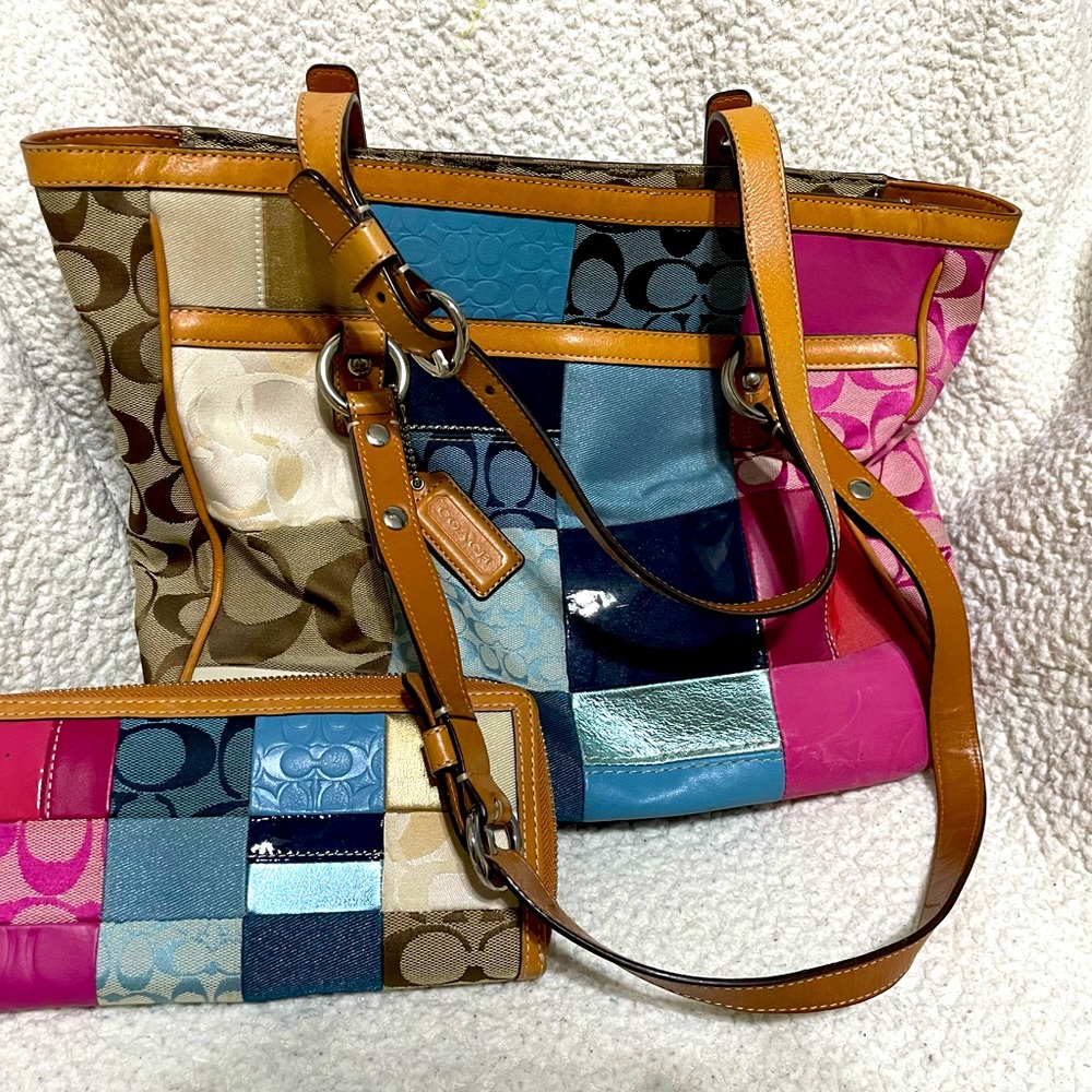 Coach multi-color bag and wallet set